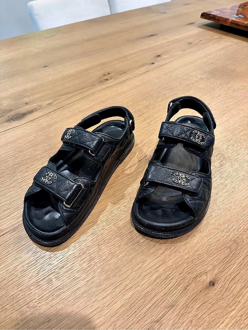 Chanel Quilted Lambskin Velcro Dad Sandals Black Leather Logo Sandals